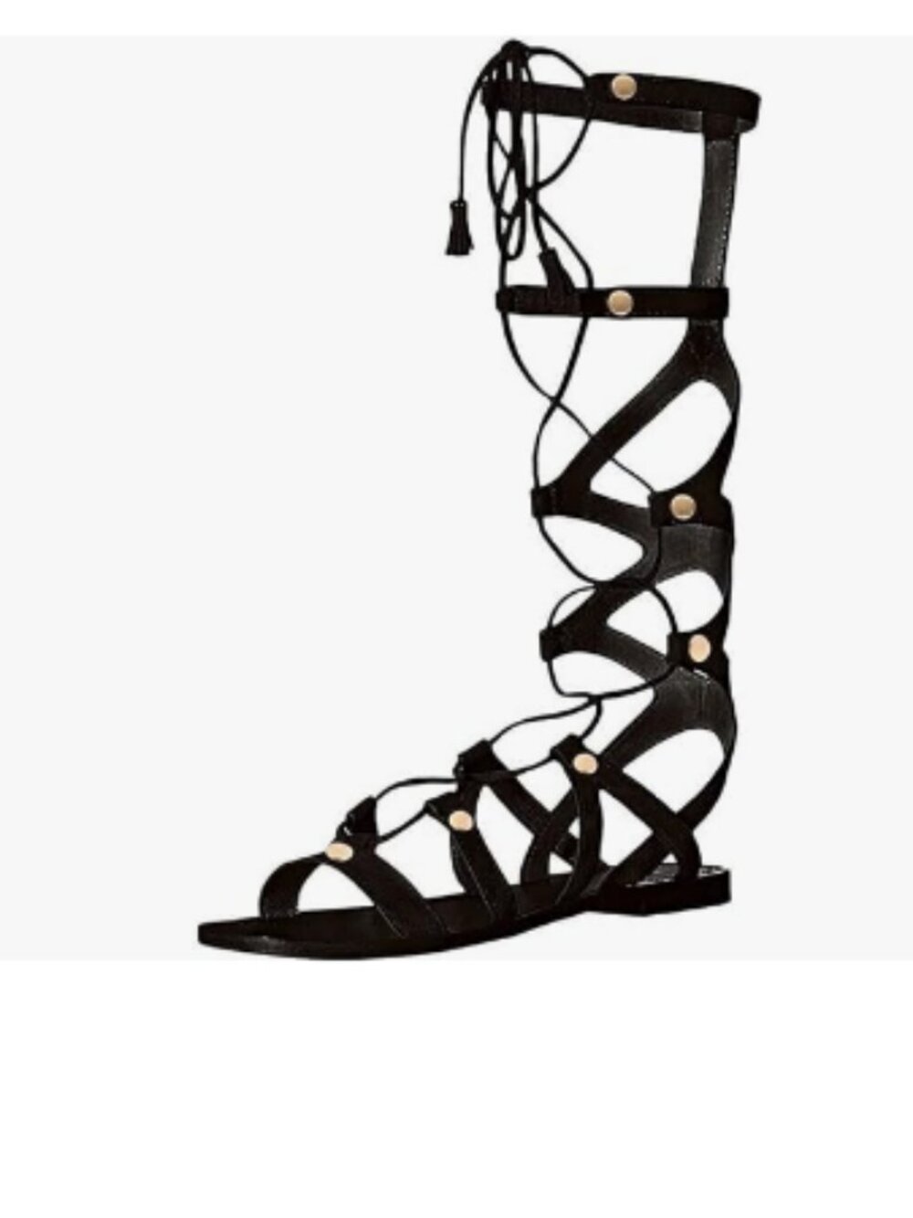 YDN Black Sexy Knee High Lace up Flats Fringe Low Heel Gladiator Strap Sandals